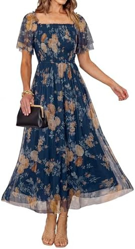 Amazon.com: Simplee Womens Floral Maxi Dresses 2026 Summer Casual Square Neck Short Sleeve Smocke... | Amazon (US)