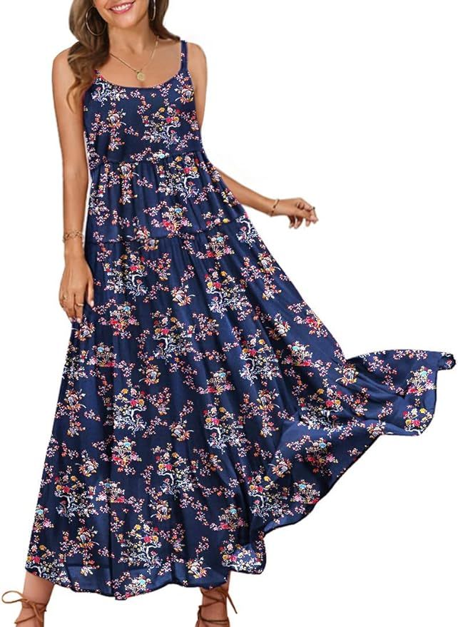 YESNO Summer Dresses for Women 2022 Casual Loose Bohemian Floral Dress with Pockets Spaghetti Str... | Amazon (US)