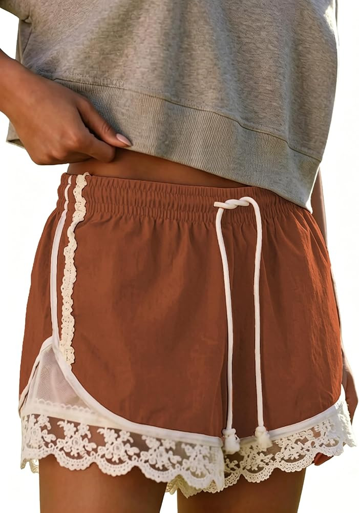 Womens Lace Trim Drawstring Shorts Casual Elasticated Summer Y2K Beach Bottoms Athletic Shorts | Amazon (US)