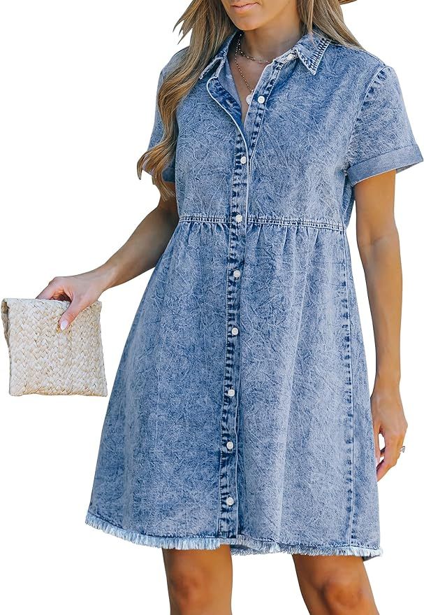 Lookbook Store Denim Dress for Women Jean Western Short Button Down Shirt Dresses Causal | Amazon (US)