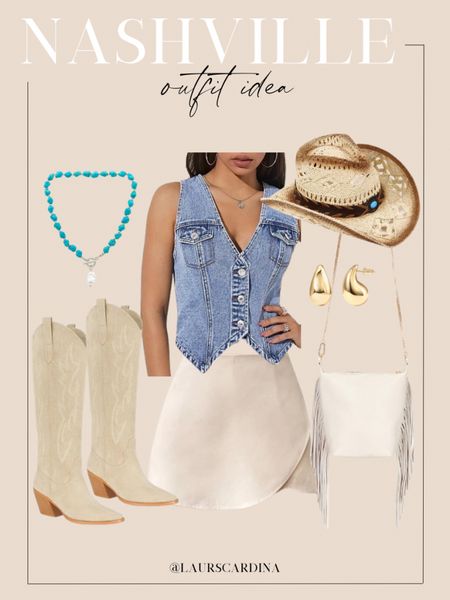 This Nashville outfit idea includes a denim vest paired with a cream mini skirt, nude cowboy boots, a fringe purse, straw cowboy hat, turquoise necklace, and teardrop earrings.

Ootd, Nashville outfit, date night, spring outfit idea, travel, amazon fashion

#LTKstyletip #LTKshoecrush #LTKfindsunder50