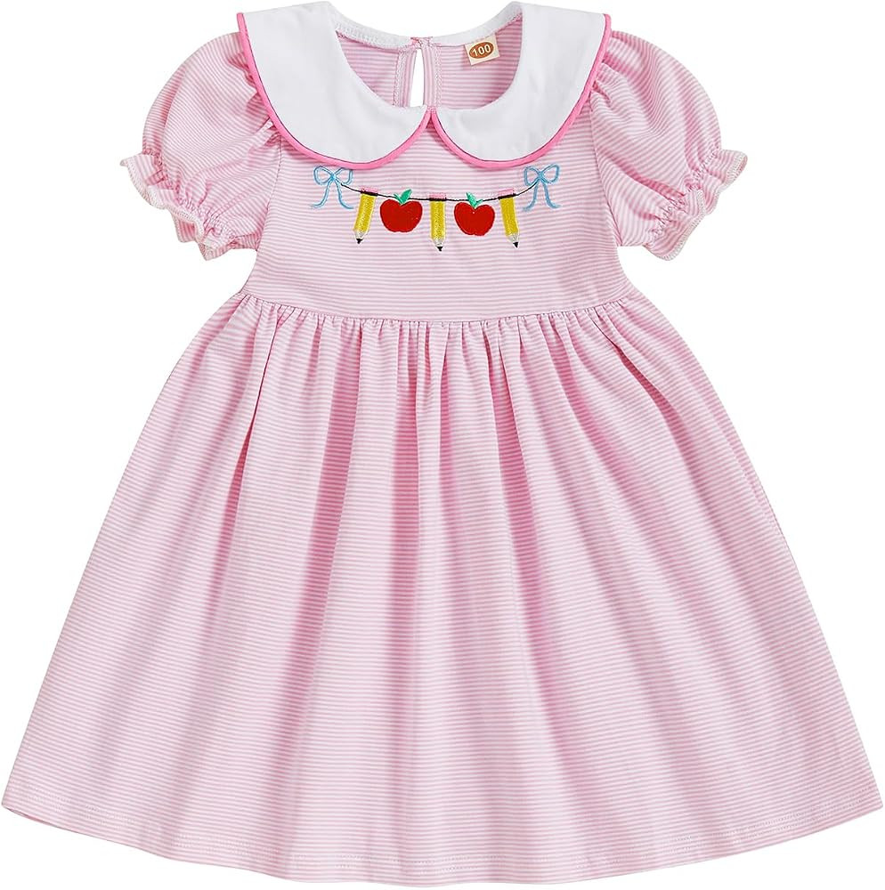 Kid Toddler Baby Girl 1st Day of School Outfit Apple Short Sleeve Collar Smocked Dress Back to Sc... | Amazon (US)