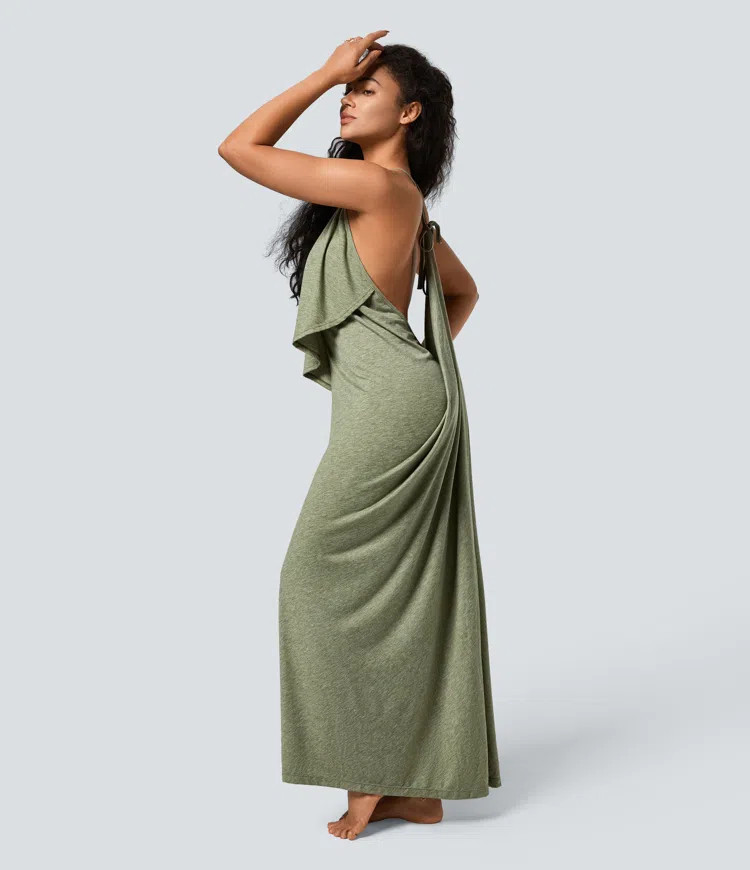 Women’s V Neck Backless Tie Back Ruched Maxi Resort Slip Dress - Halara | HALARA