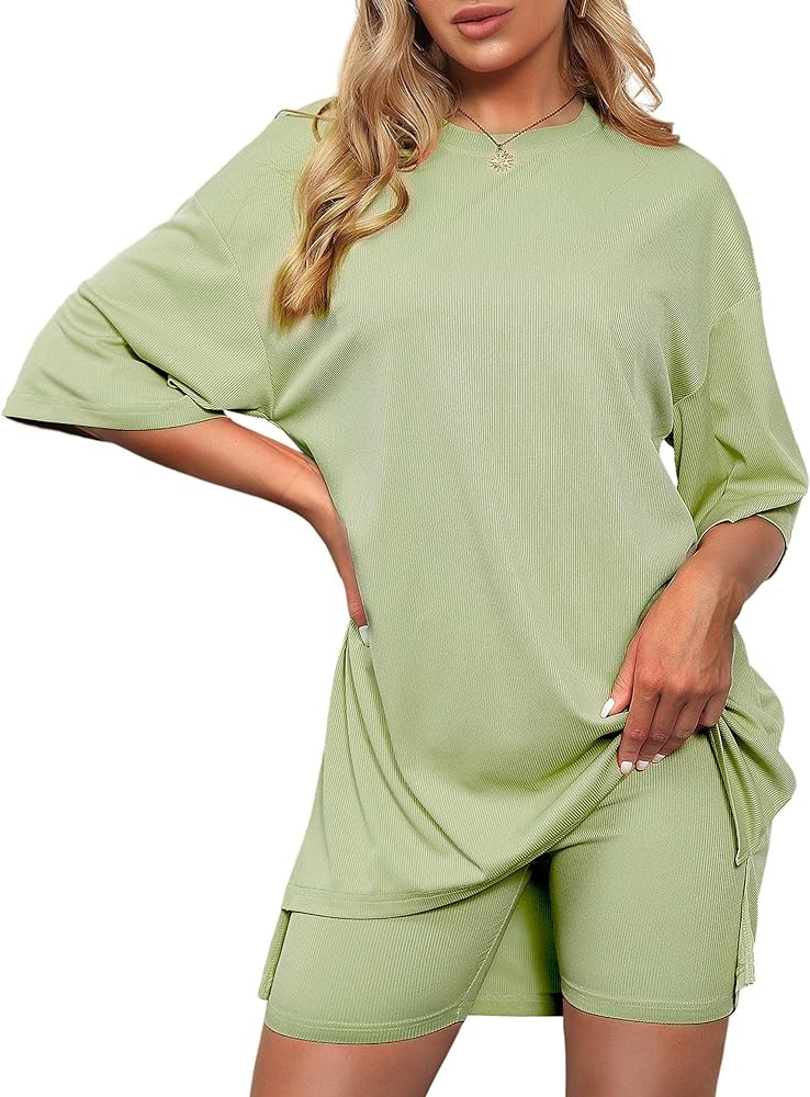 Boiltcat Two Piece Outfits for Women, Summer Casual Oversized Ribbed Knitted T-Shirt Tops + Biker... | Amazon (US)