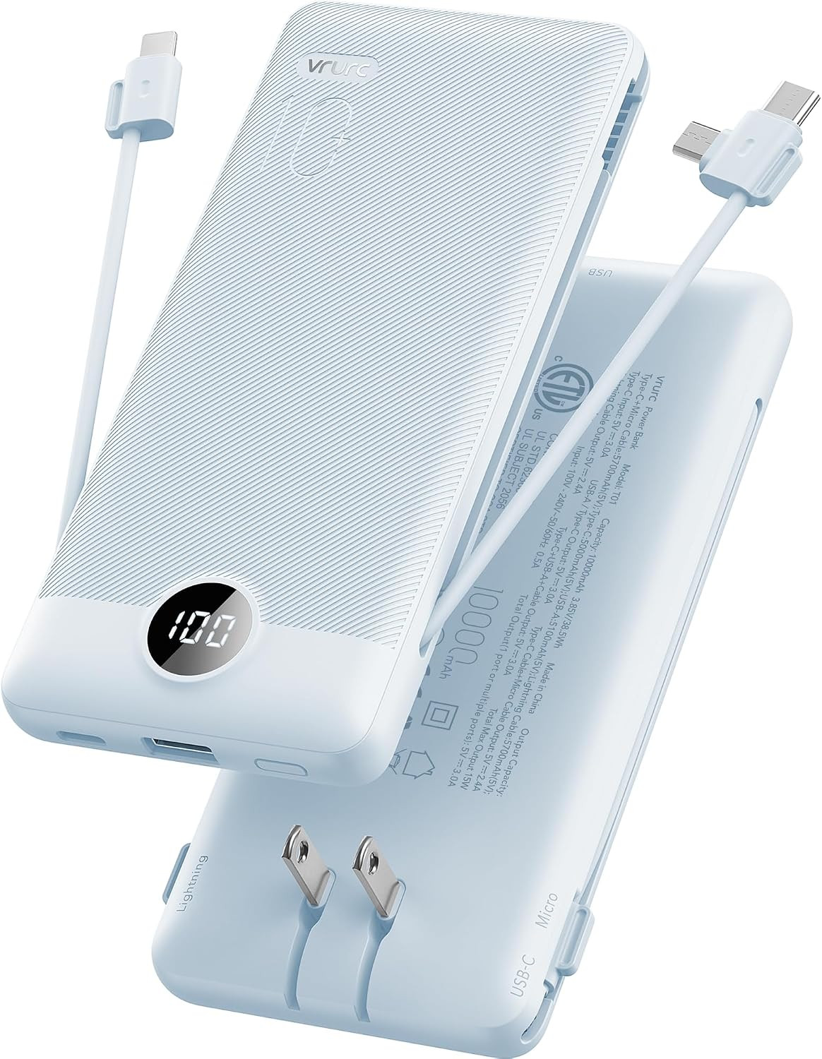 VRURC Portable Charger, Power Bank Built-in Cables and AC Wall Plug | Amazon (US)