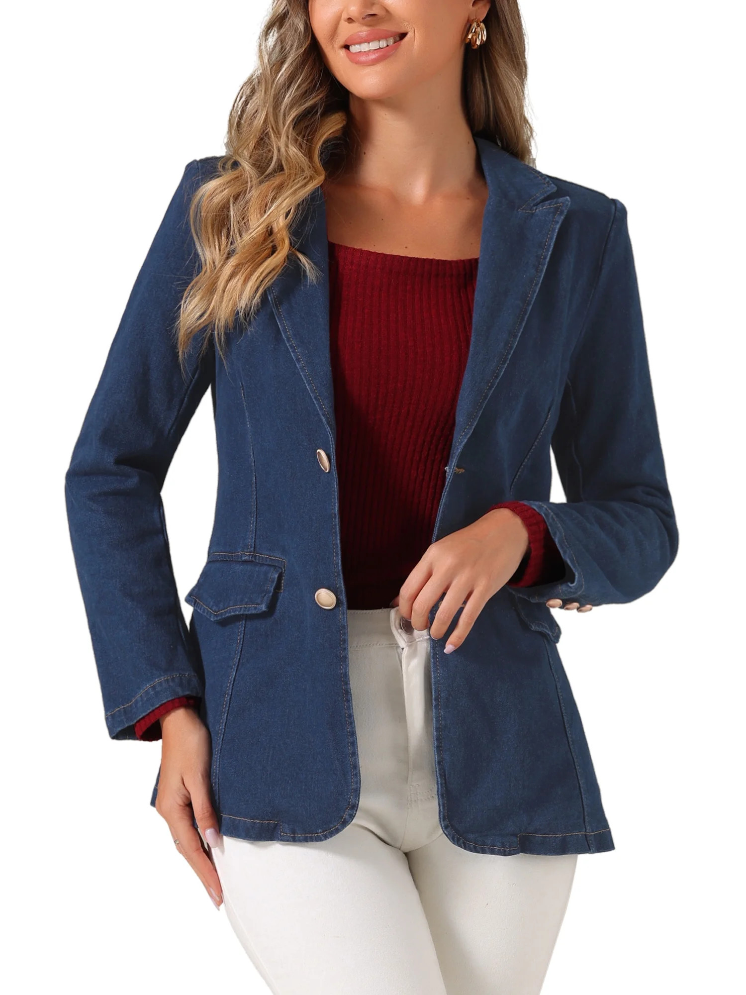 INSPIRE CHIC Mother's Day Women's Denim Blazer Notched Lapel Single Breasted Shoulder Pad Work Ja... | Walmart (US)