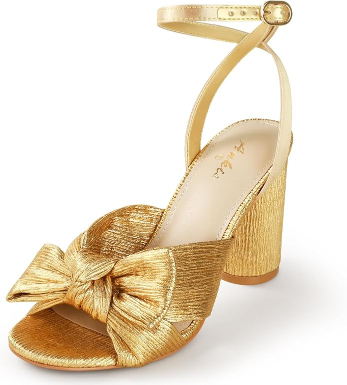 Ankis White Gold Bow Heel Chunky Wedding Shoes for Bride 3.15 Inch High Heel Open Toe Ankle Buckl... | Amazon (US)