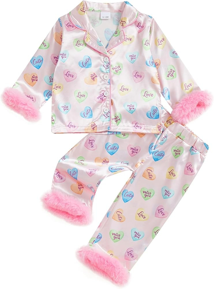 Kuriozud Kids Toddler Girl Satin Pajamas Fuzzy Trim Long Sleeve Button Down Shirt Top and Pants 2... | Amazon (US)