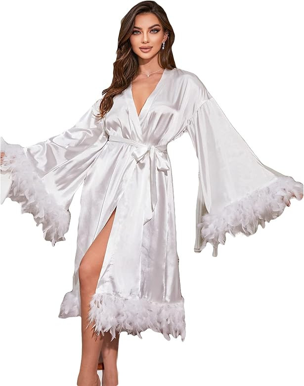 OYOANGLE Women's Elegant V Neck Long Sleeve Fuzzy Trim Belted Satin Robe Nightgowns | Amazon (US)