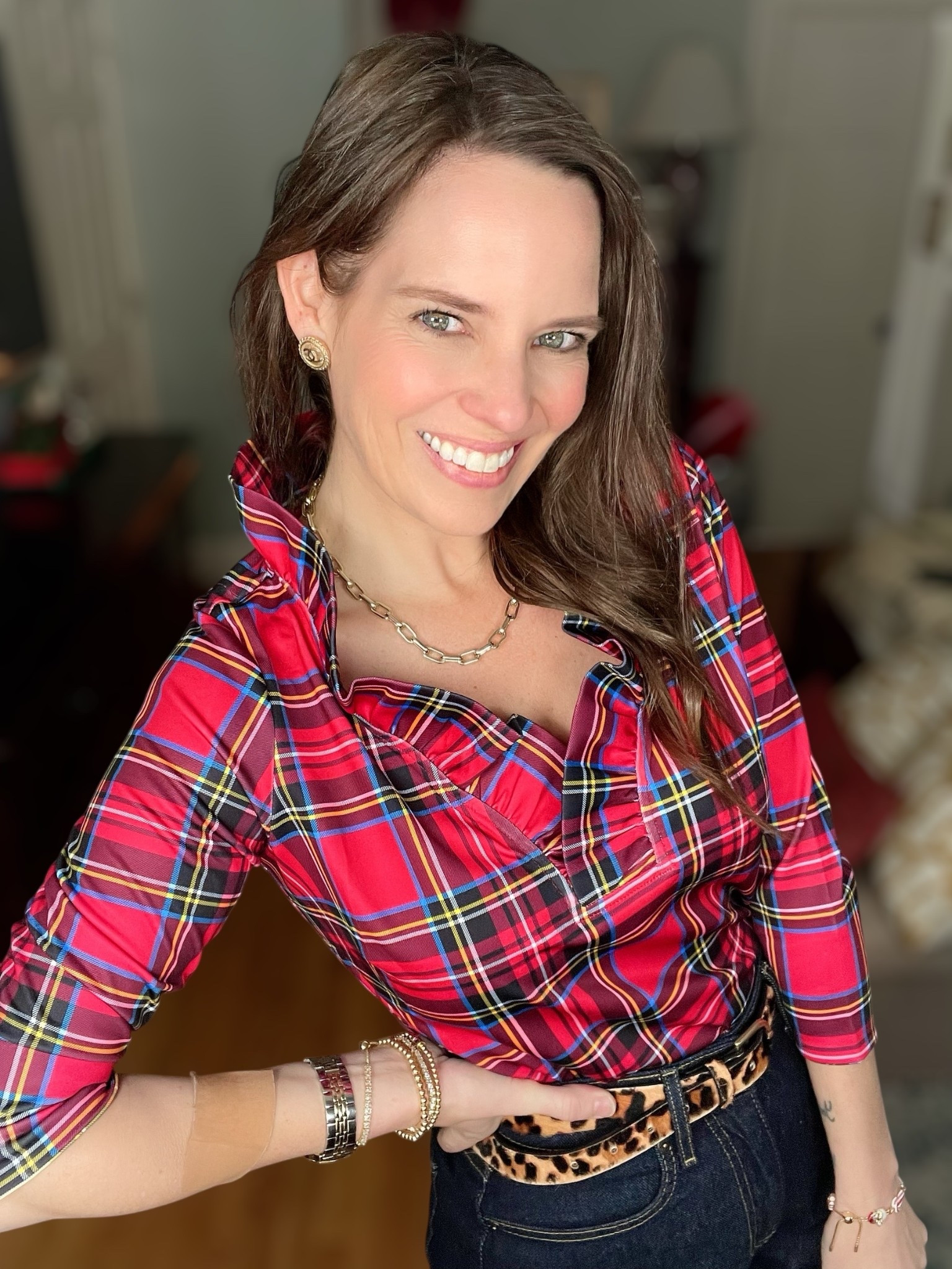 Festive Plaid Holiday Outfit ✨🎄

The prettiest Gretchen Scott plaid top from Teggy French paired with dark denim, a pop of leopard, and classic red heels for the ultimate holiday-ready look. This is such an easy outfit for Christmas parties, family photos, school events, or a dressy-casual December day. The top has that signature Gretchen Scott crisp fabric and tailored fit, and I love how it tucks cleanly into high-waisted denim. I’m wearing my straight-leg jeans (they run a little small), my leopard calf-hair belt, vintage-inspired gold earrings, and the $10 BaubleBar bracelets that are perfect for stacking. Such a fun, polished Christmas outfit you can rewear all season long. ❤️💚

holiday outfit • christmas outfit idea • plaid top • teggey french gretchen scott • dark denim outfit • straight leg jeans • red heels • classic holiday style • timeless christmas look • affordable jewelry finds • baublebar bracelet sale • winter style inspo • holiday outfit for moms • preppy holiday look • festive plaid outfit • cozy christmas style • december style favorites

#LTKGiftGuide #LTKootd #LTKHoliday

#LTKCyberWeek #LTKGiftGuide #LTKHoliday