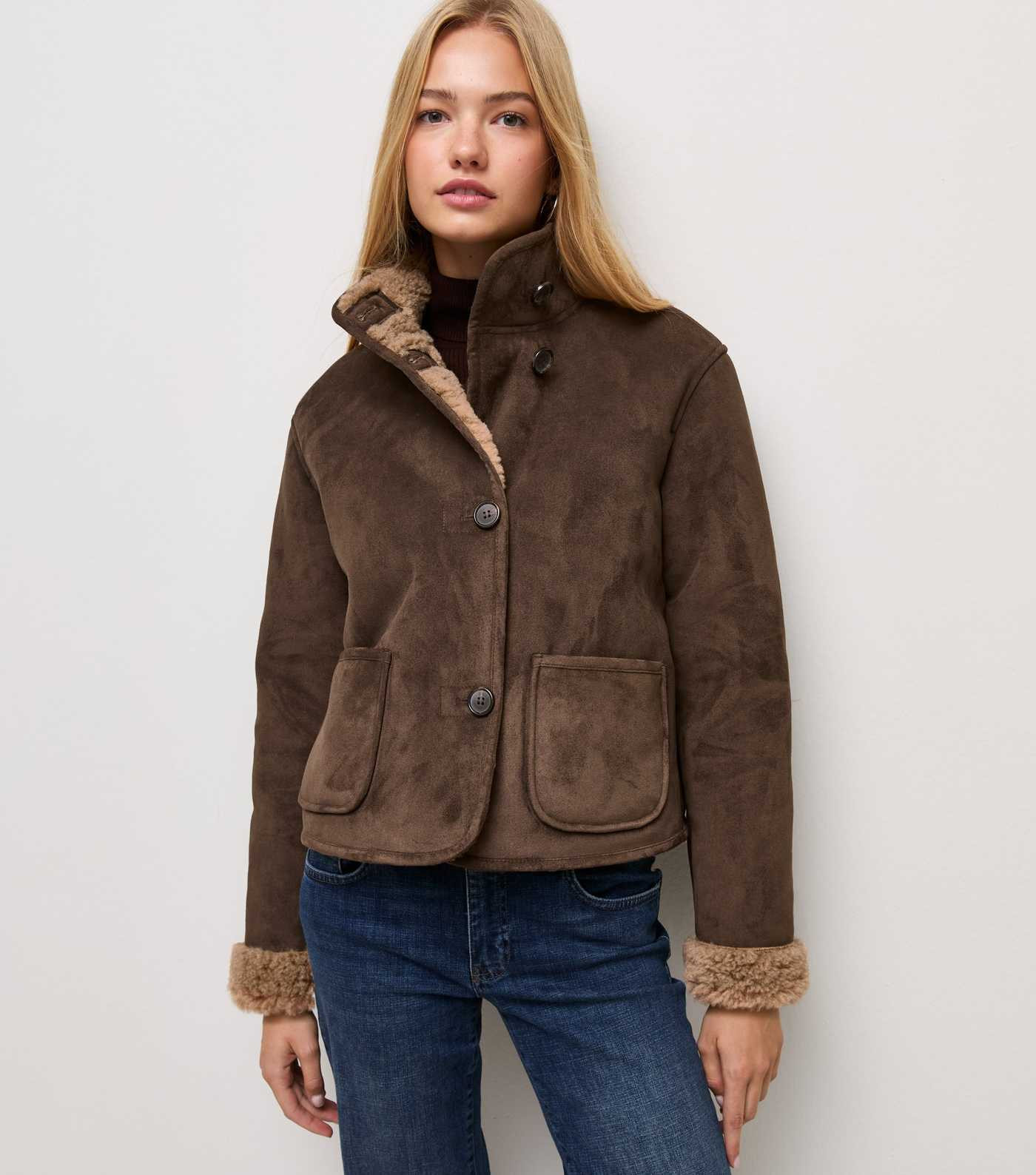 Dark Brown Faux Shearling Suede Short Coat | New Look | New Look (UK)
