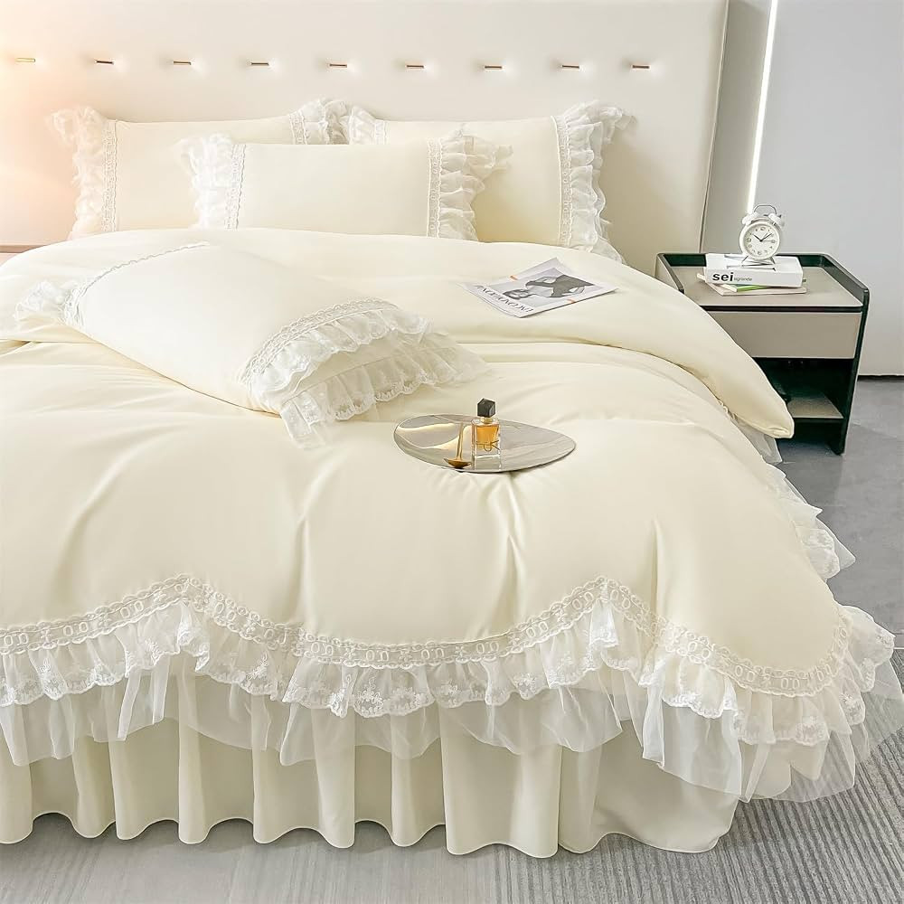 MOOWOO Chic Ruffle Lace Polyester Duvet Cover Set -Girl Yellow Bedding-3 Piece Full Duvet Cover w... | Amazon (US)