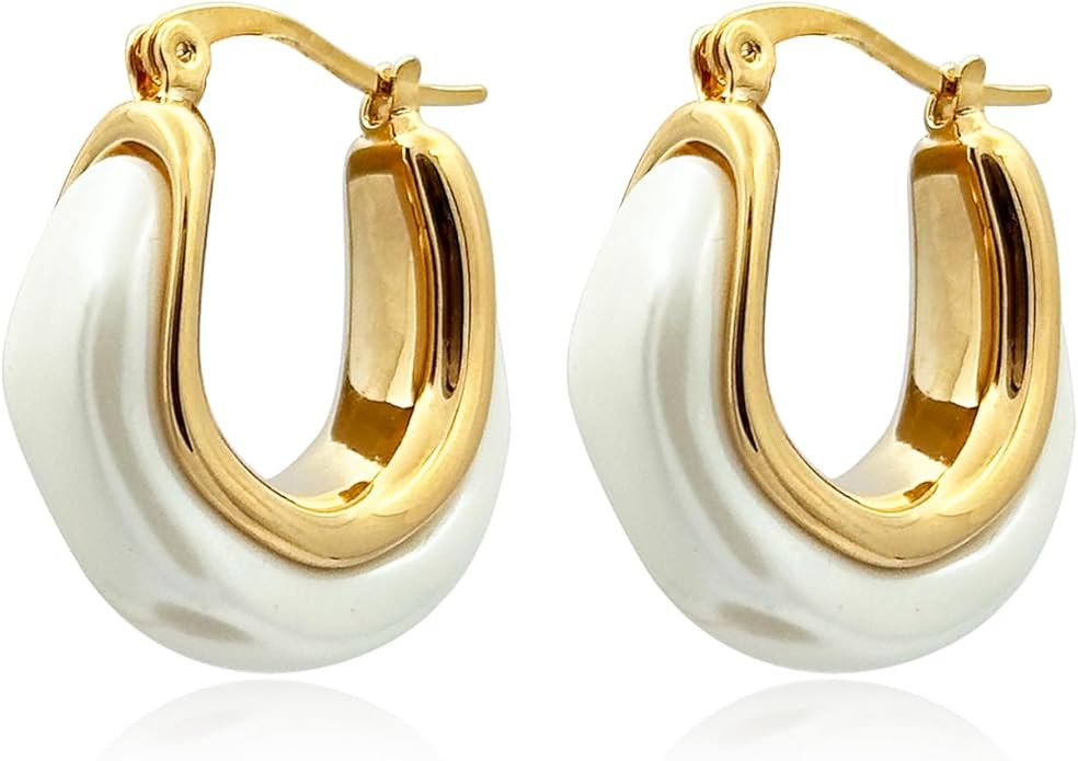 Gold Chunky Hoop Earrings 14K Gold Plated Imitation pearl Thick Statement Earrings for Women Tren... | Amazon (US)