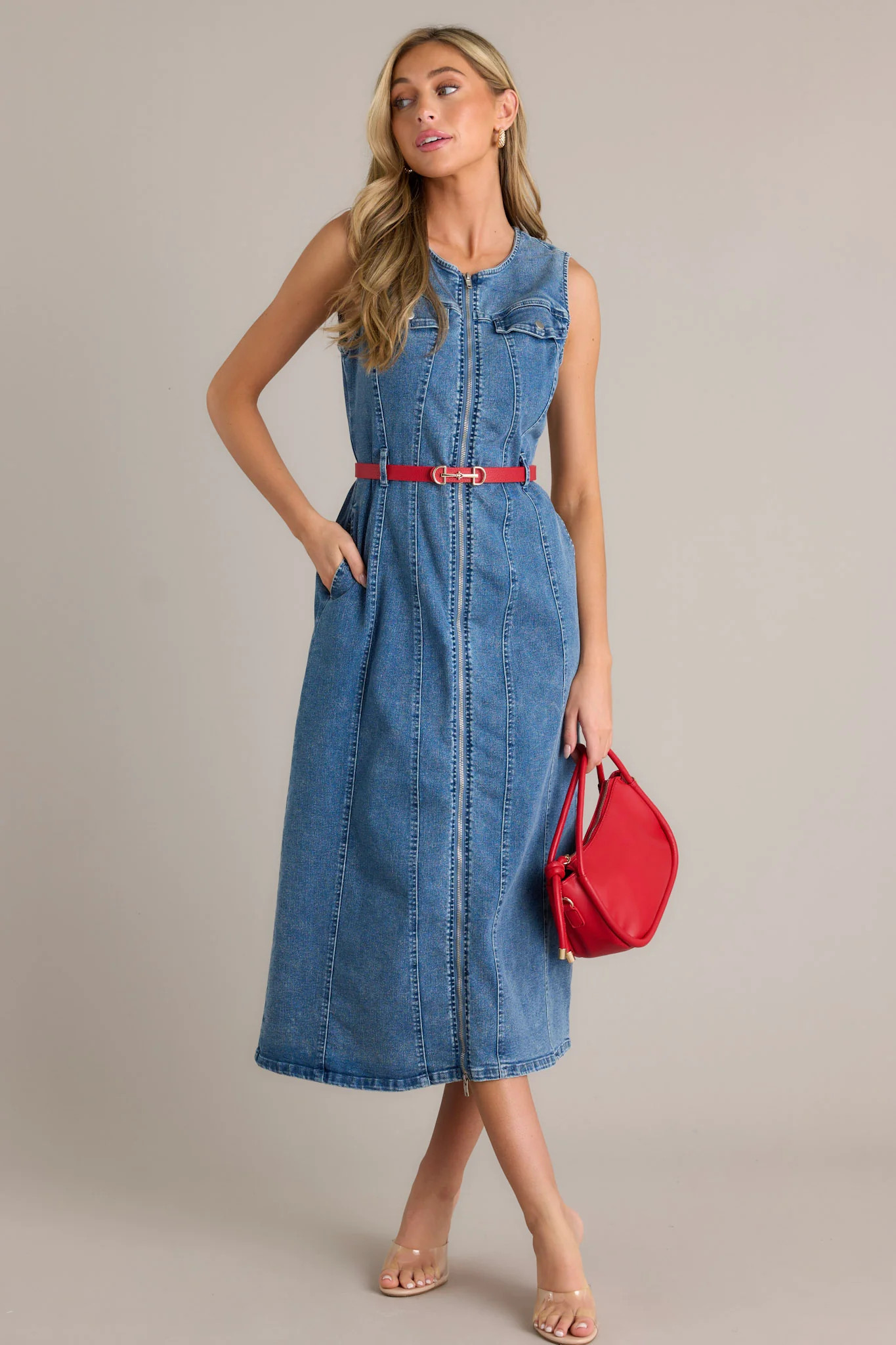 Simple Grace Denim Sleeveless Midi Dress | Red Dress