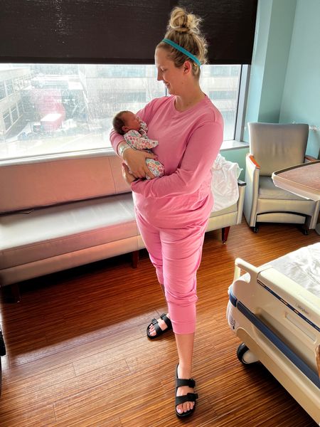 Softest fleece pink going home outfit / spring outfit from the hospital after delivering a precious baby girl. Cozy maternity outfit for sure  Baby girl is in her newborn outfit in a colorful floral baby gown. My slide sandals are the same ones I wore to bring home my first daughter two years ago. They’re very comfortable and I have them in 5 colors!

#LTKbump #LTKshoecrush #LTKbaby