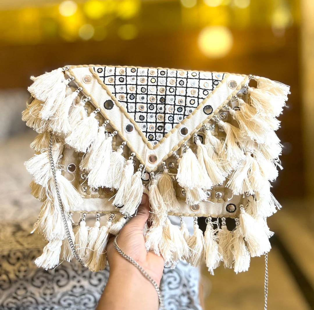 HandMade Bohemian Bag from India | Boho Purse | Boho Bag | Off-White Jute Bag | Handmade Clutch |... | Etsy (US)