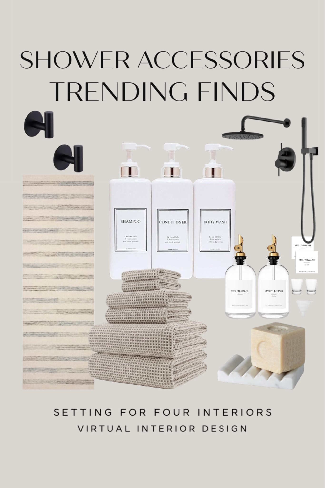 Shower accessories 

Organic modern, neutral, natural, earthy, white, black, beige, transitions, farmhouse, Loloi runner rug, towels, soap dish, shampoo dispenser set, soap set, shower fixture, marble, stone, towel hooks, mouthwash dispenser, sale, affordable, budget

#LTKfindsunder50 #LTKhome #LTKsalealert