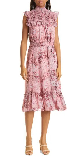 Gio Floral Print Smocked Ruffle Chiffon Midi Dress | Nordstrom