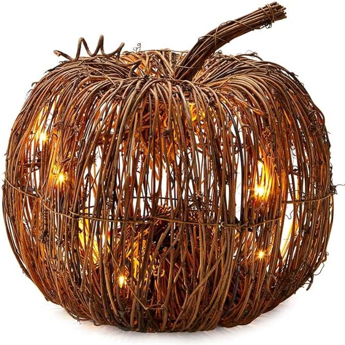 Rattan Lighted Pumpkin - Harvest Halloween Decor for Tabletops, Mantles - Large | Amazon (US)