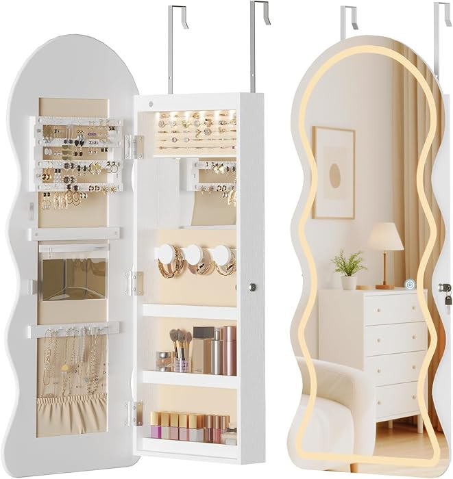 HOOBRO LED Mirror Jewelry Cabinet, Wall/Door Mounted Jewelry Organizer, Jewelry Aromire with Wavy... | Amazon (US)