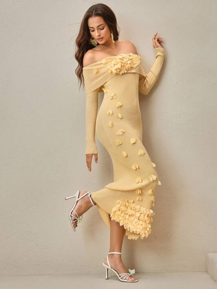 Anewsta Elegante midi-jurk met off-shouldermotief en gebreide bloemenapplicatie voor dames | SHEIN