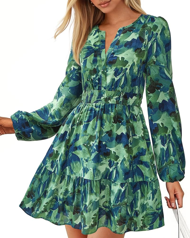 BTFBM Fall Dresses for Women 2025 V Neck Long Sleeve Elastic Waist Boho Beach Vacation Clothes Fl... | Amazon (US)