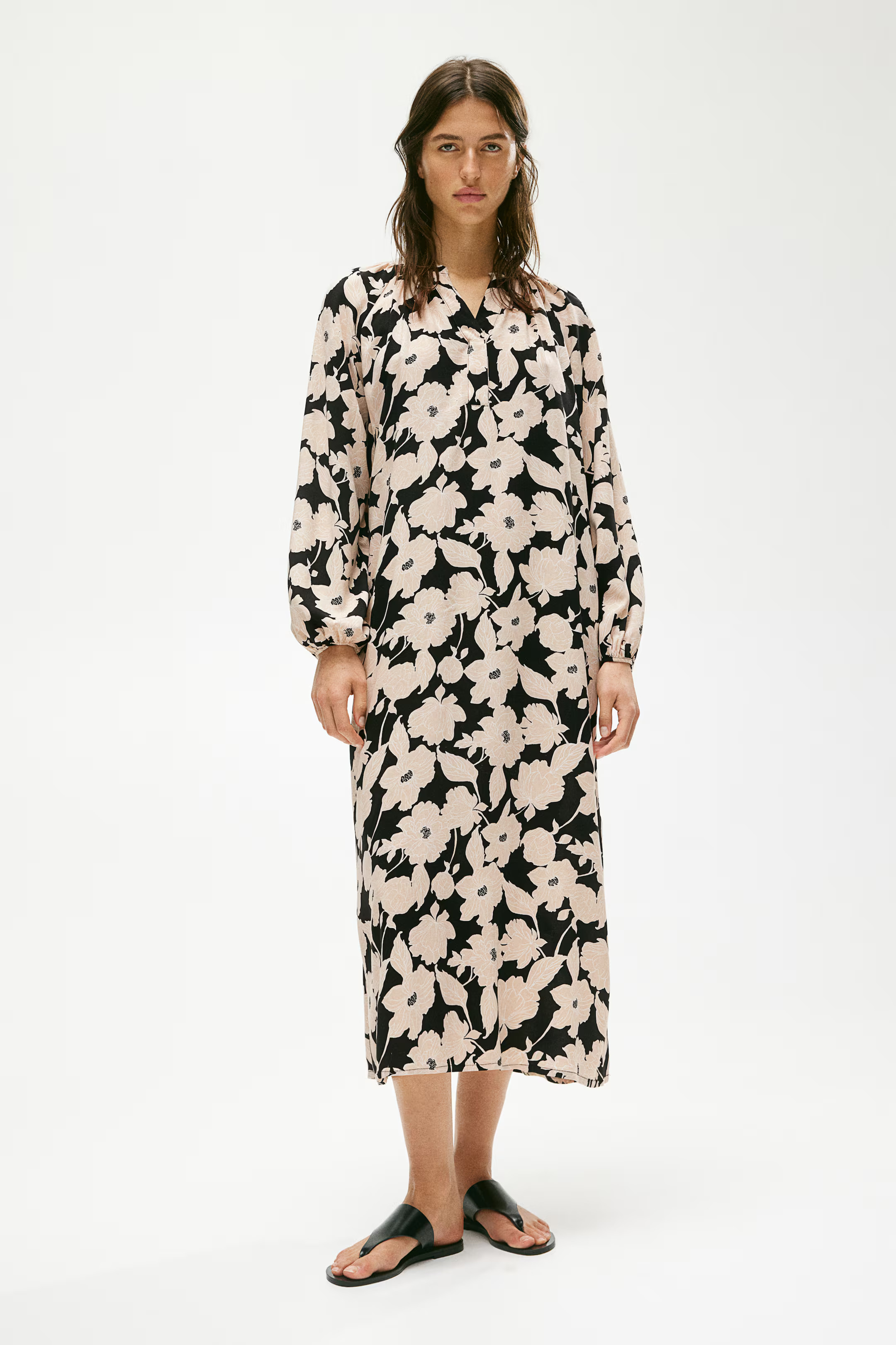 Balloon-sleeved Dress - V-neck - Long sleeve - Black/beige floral - Ladies | H&M US | H&M (US + CA)