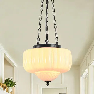 1-Light 15" W Vintage French Style Pumpkin-shaped Milk Glass Hanging Pendant Light for Dining Roo... | Bed Bath & Beyond
