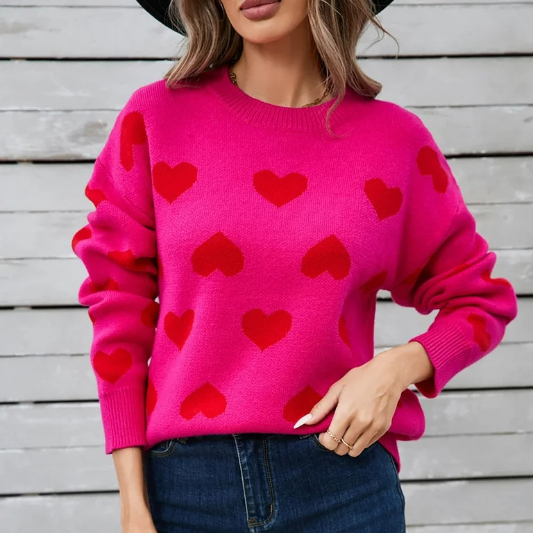 Wancir Women Heart Print Sweater Romantic Oversized Knitted Shirt Valentine's Day Love Graphic Lo... | Walmart (US)