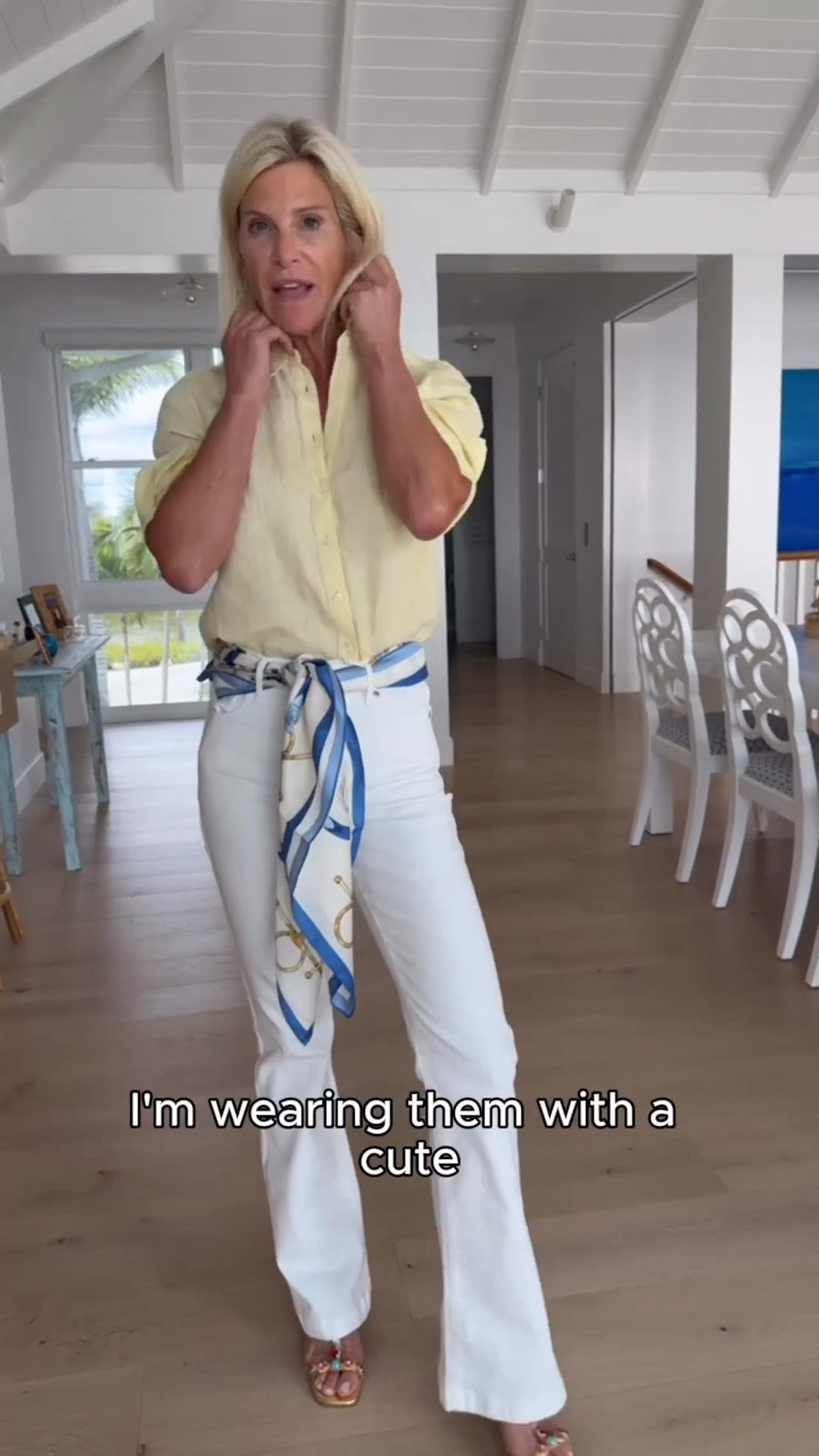 J.McLaughlin white pants and scarf outfit with yellow linen shirt.

#LTKootd #LTKOver40