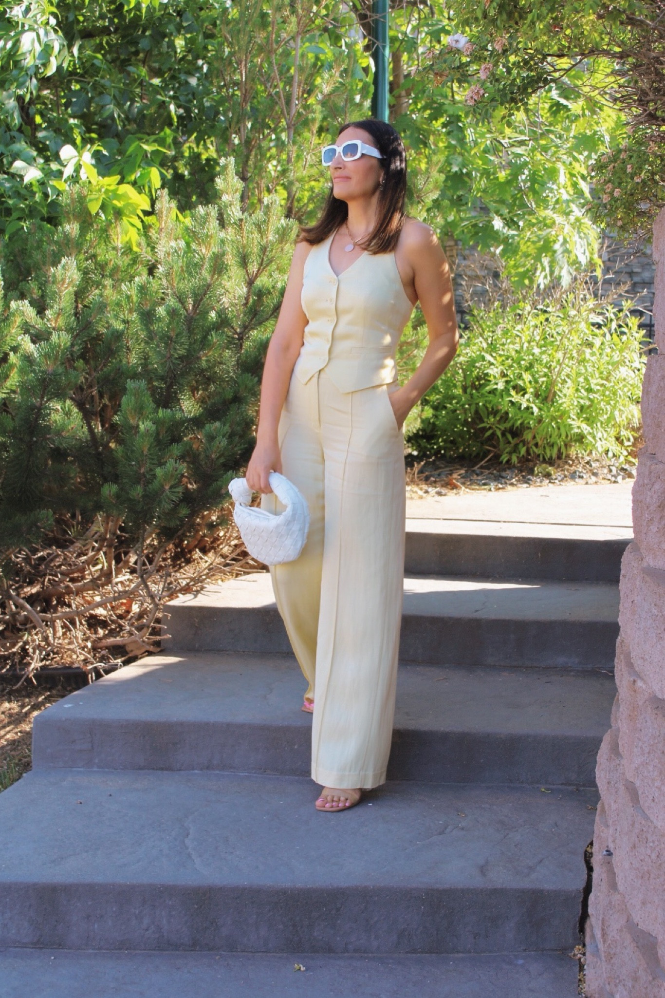 Linen two piece outfit 
Express vest outfits 
Vest, linen pants
Vacation outfit 
Size 4 in pants
Xs in vest 

#LTKstyletip #LTKunder100 #LTKsalealert