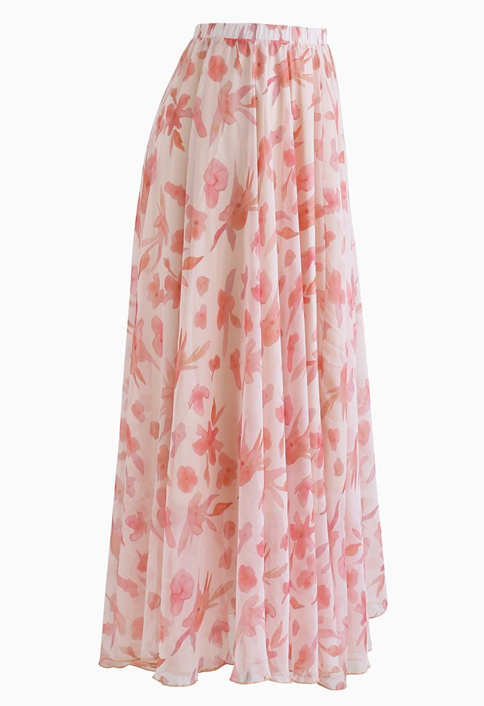 Darling Blush Pink Floral Watercolor Maxi Skirt | Chicwish