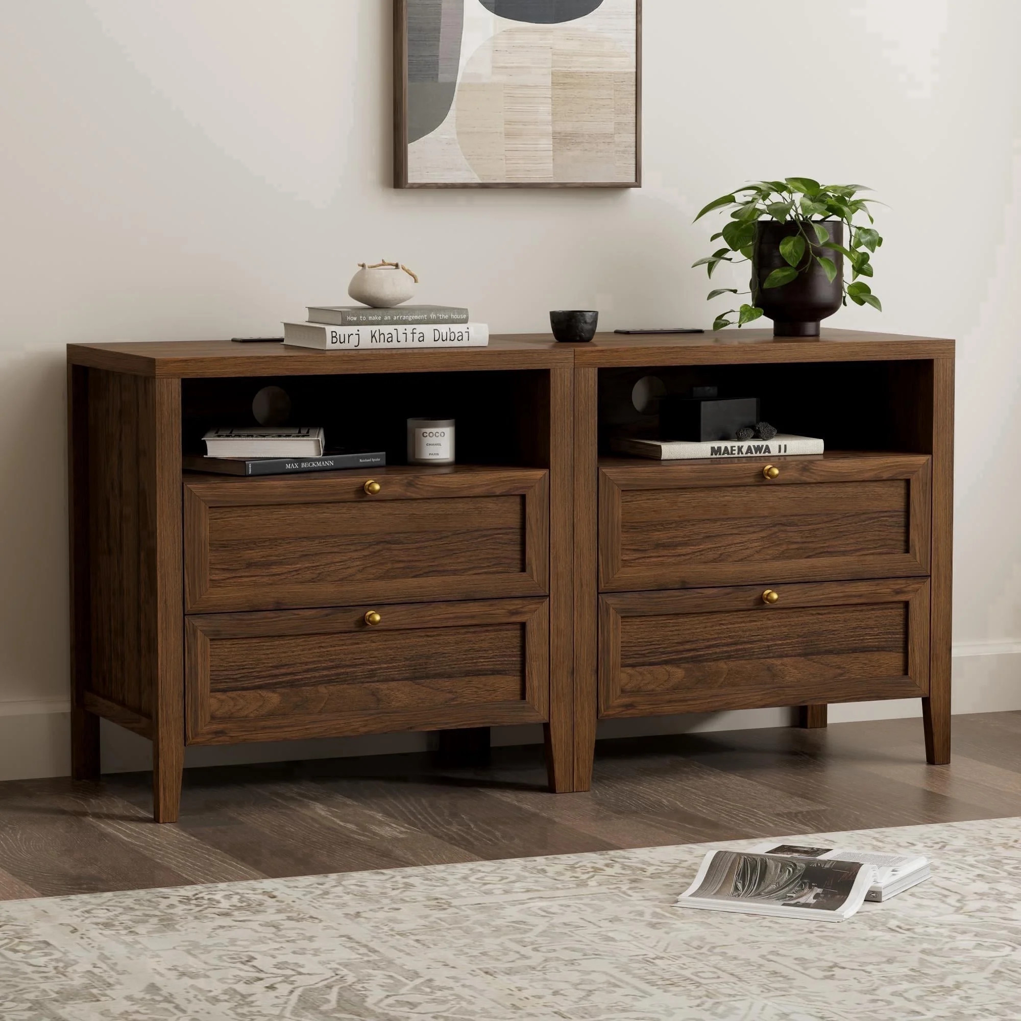 EYYTHUNG Modern Nightstands Set of 2 with 2 Drawers Wooden End Table with Charging Station Farmhouse Night Stand Bedside Side Table with Storage, Brown - Walmart.com | Walmart (US)