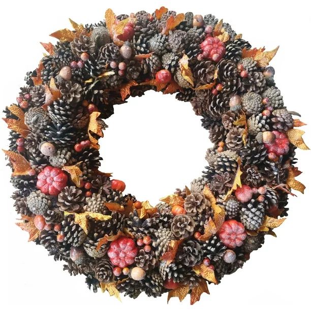 Fraser Hill Farm Pine Fall Harvest Wreath, with Pumpkins including Cone 24" (Multi-color) | Walmart (US)
