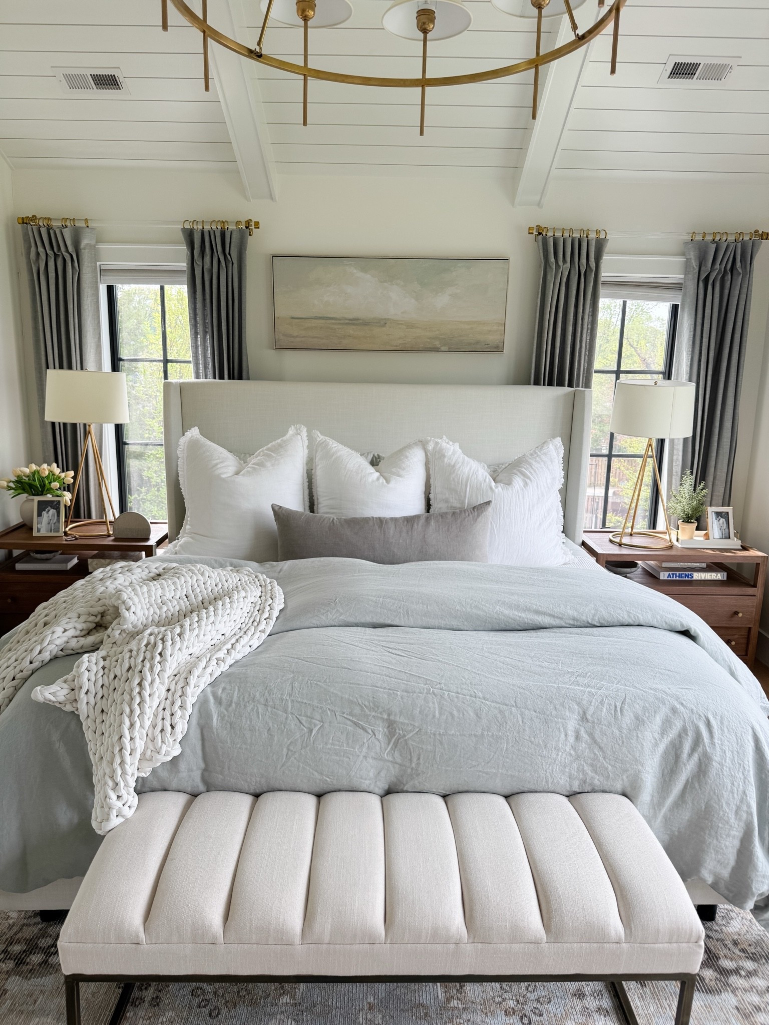 If you love a calm, serene bedroom with soft blue-gray tones and timeless coastal style, these are the pieces I recommend over and over. 🤍 My blue-gray linen duvet and sheets add the prettiest subtle color, layered with an organic cotton blanket and linen Euro shams for that relaxed, lived-in look. My viral Wayfair Tilly bed in Zuma White anchors the room, paired with warm brass lighting, a whitewashed Pottery Barn dresser, oversized coastal art, and my favorite rug in our home—a muted vintage-inspired rug with soft blue-gray, beige, and ivory tones that ties the entire bedroom together.

Linking all of my favorite bedroom decor, linen bedding, rug, furniture, and lighting to recreate this serene blue-gray bedroom.

#LTKSaleAlert #LTKHome #LTKdayinmylife