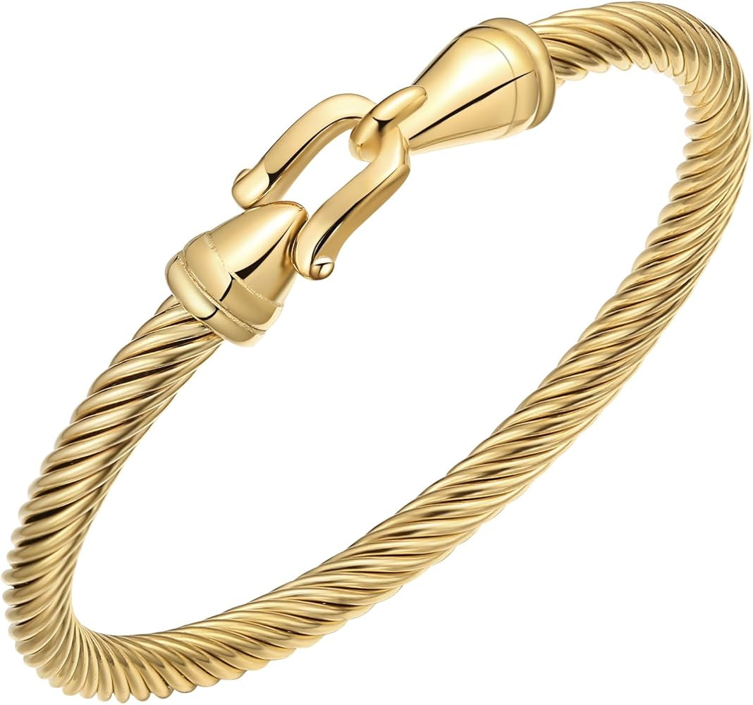 Stainless Steel Twisted Cable Wire Bracelets with Hook Clasp Stylish Roman Digital Bangle Bracele... | Amazon (US)