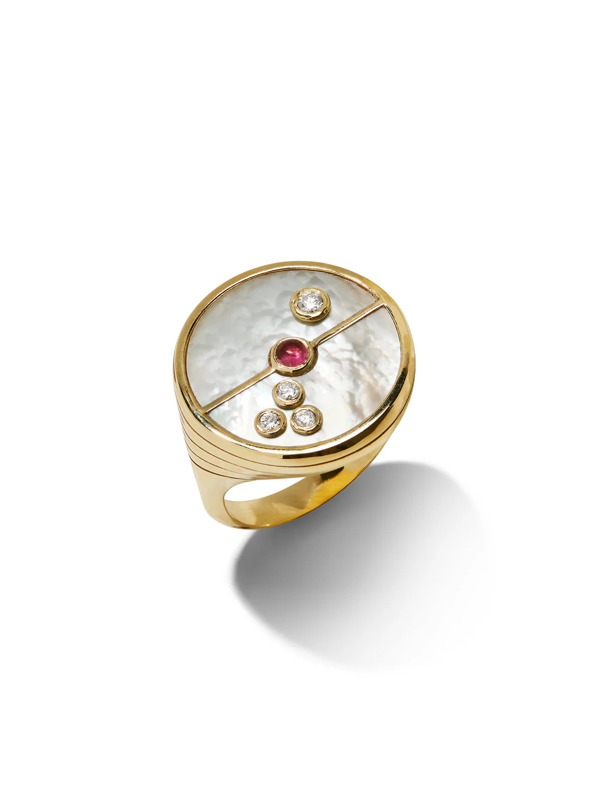 Mother of Pearl & Pink Spinel Compass Yellow Gold Ring | YLANG 23
