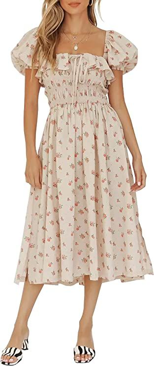 R.Vivimos Womens Summer Floral Print Puff Sleeves Vintage Ruffles Midi Dress | Amazon (US)