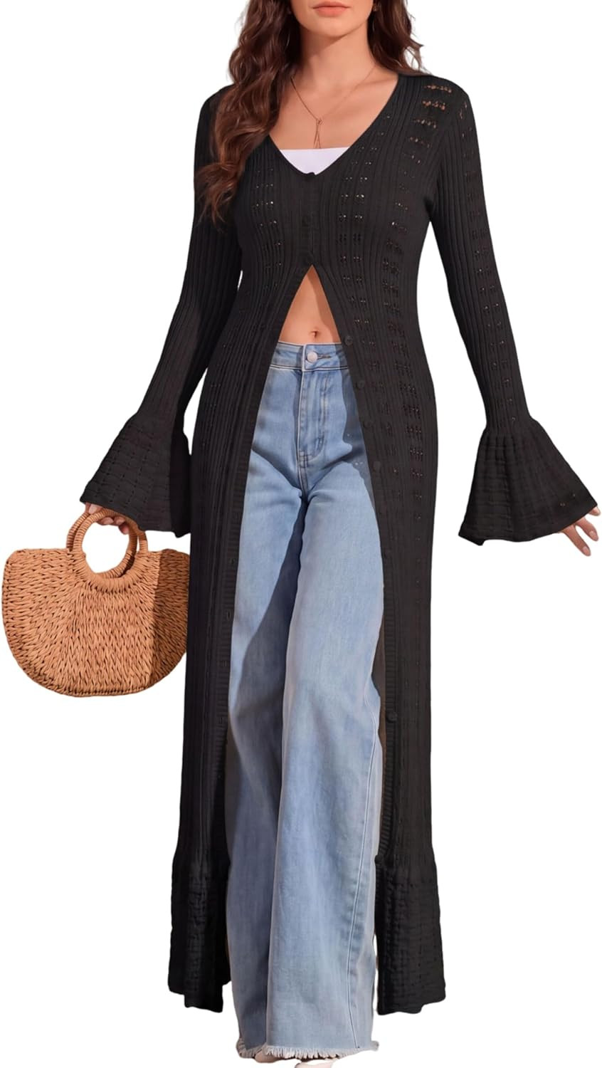 Cardigan Sweaters for Women Trendy Lightweight Crochet Long Duster Button Up Bell Long Sleeve Ruffle Knit Maxi Dress | Amazon (US)