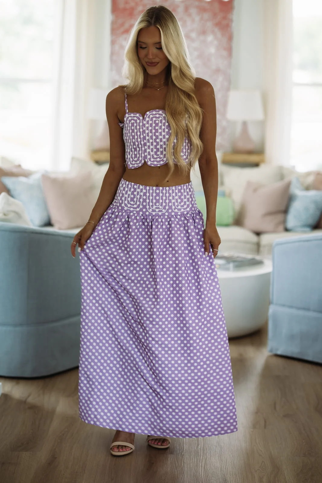 Marina Muse Dots Crop Top and Maxi Skirt Set - Purple and White | Hazel and Olive