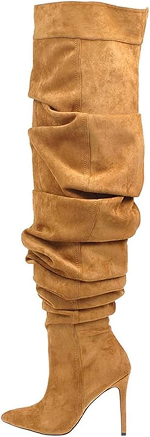 THESHY Women's Slouchy Over The Knee Boots Denim Pointed Toe Stiletto Heel Thigh High Boots Pleat... | Amazon (US)