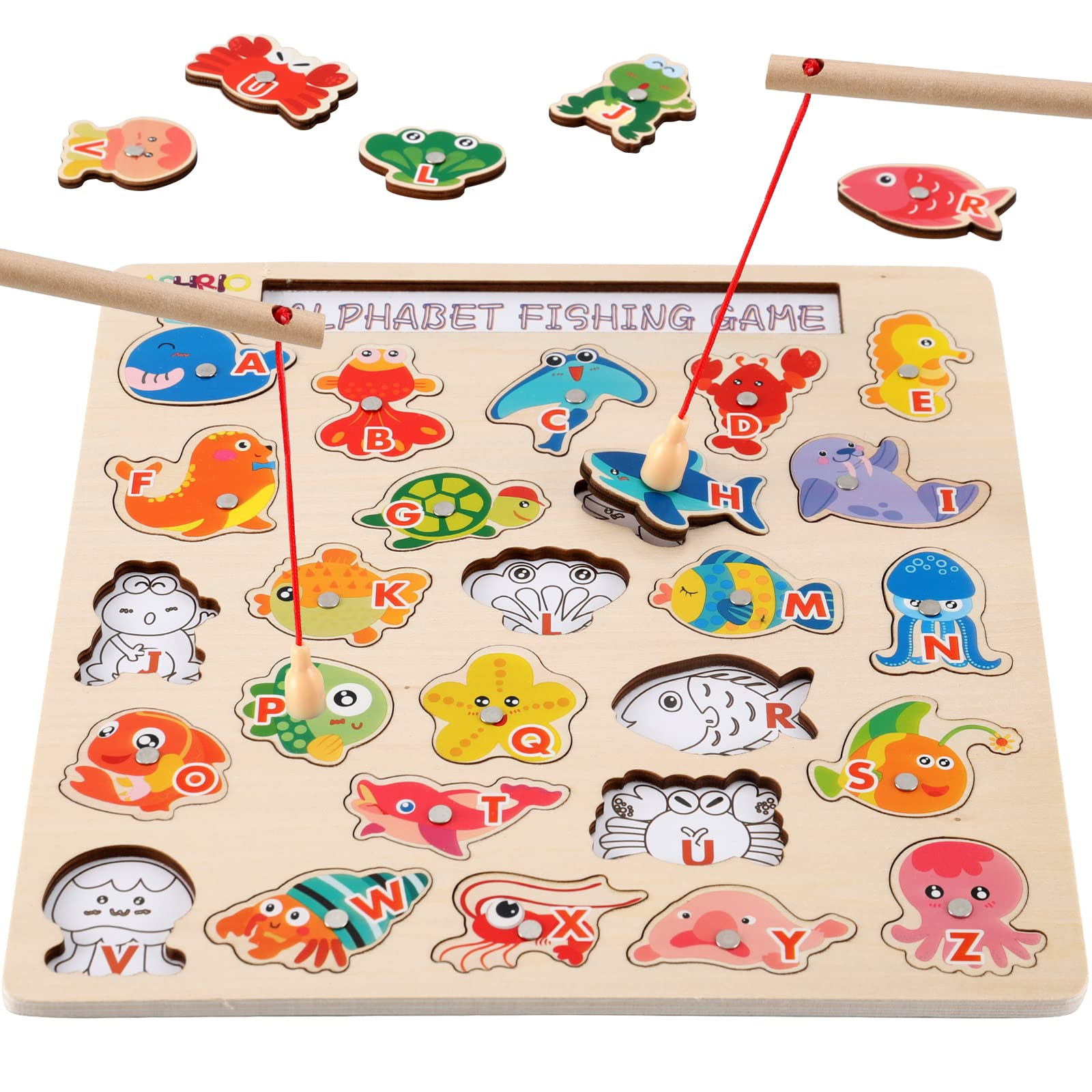 NASHRIO Magnetic Wooden Fishing Game Toy for Toddlers, Alphabet Fish Catching Games Puzzle with Lett | Amazon (US)