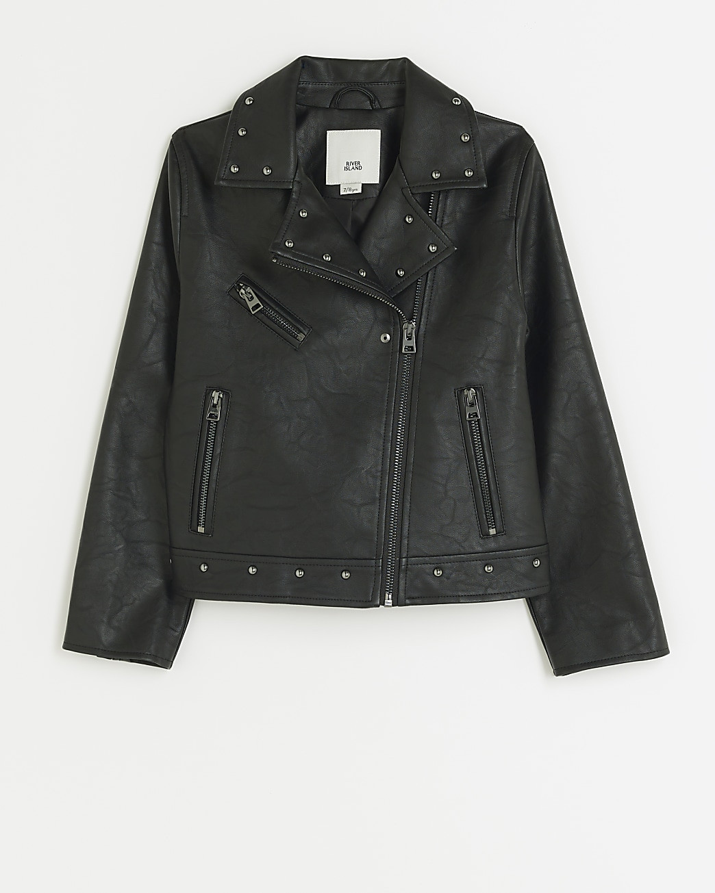 Girls black faux leather studded biker jacket | River Island (UK & IE)