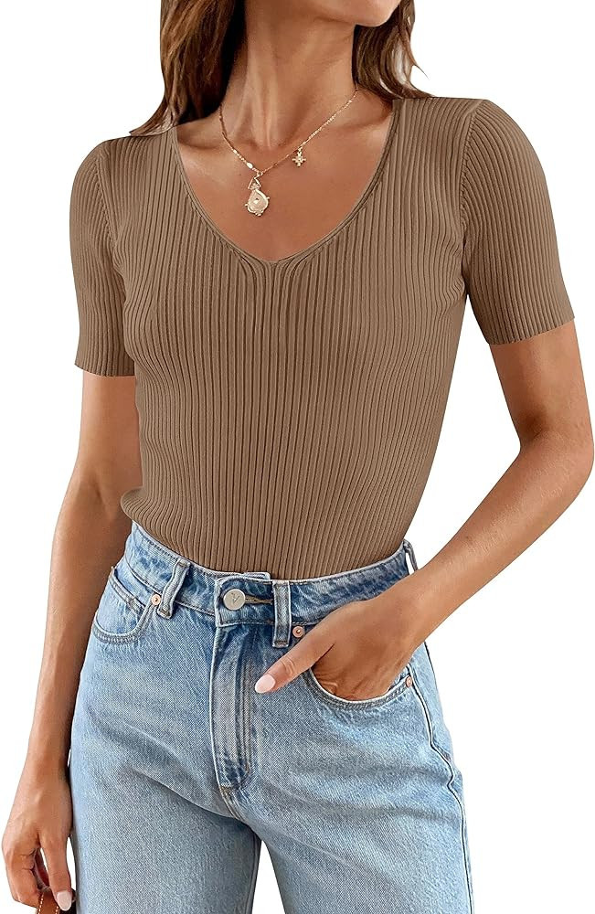 ZESICA Women's Short Sleeve V Neck T Shirts 2024 Summer Casual Ribbed Knit Slim Fit Solid Color B... | Amazon (US)