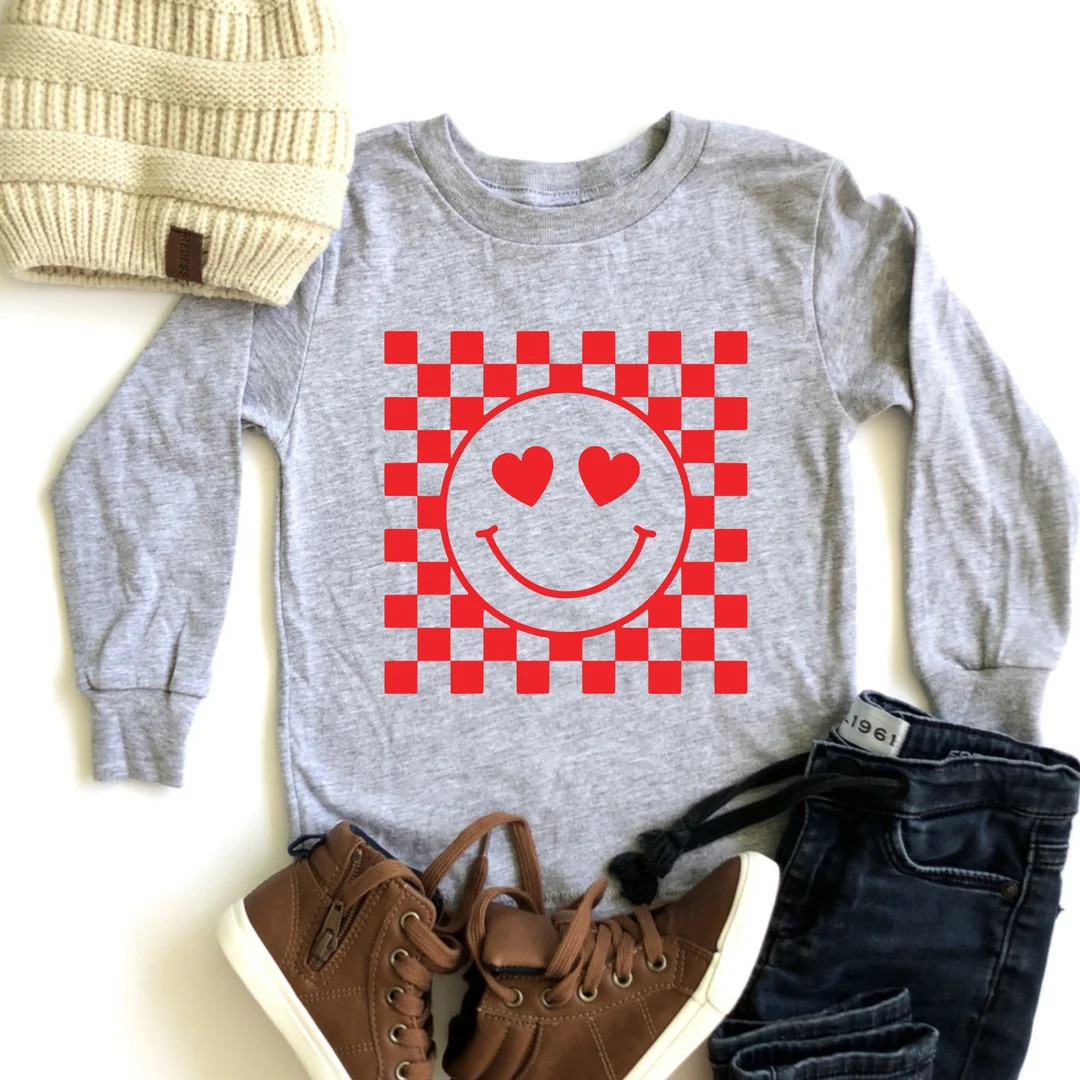 Checker Smiley Valentine Shirt Long Sleeve Valentine Heart Eyes Smiley Trendy Boy V Day Long Slee... | Etsy (US)