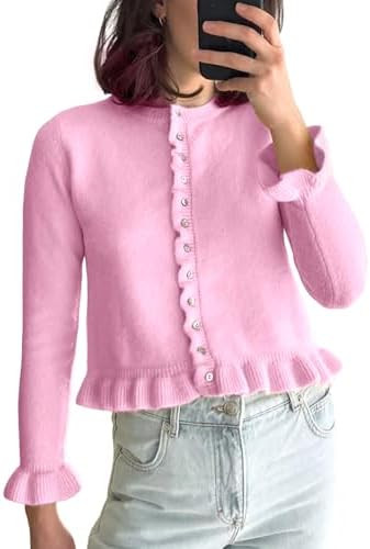 Wyeysyt Womens Cropped Cardigan Sweaters Ruffle Crewneck Button Down Cardigans 2026 | Amazon (US)