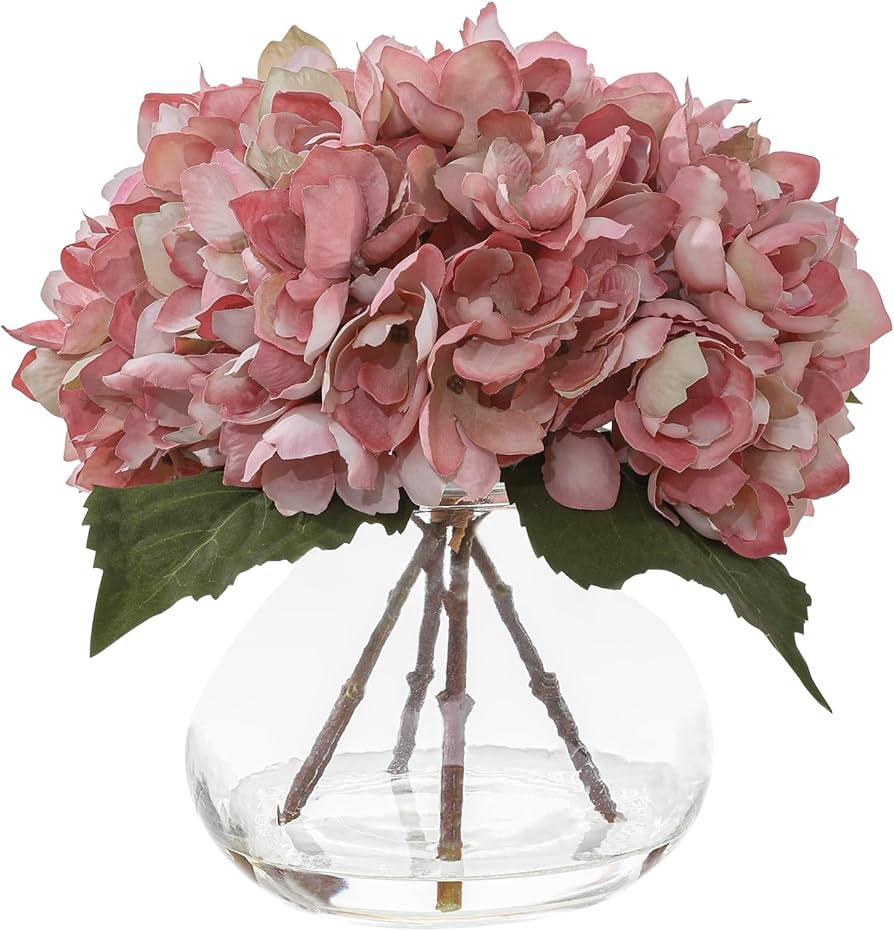 Light Pink Artificial Hydrangea Arrangement in Glass Vase with Faux Water, Lifelike Faux Hydrange... | Amazon (US)