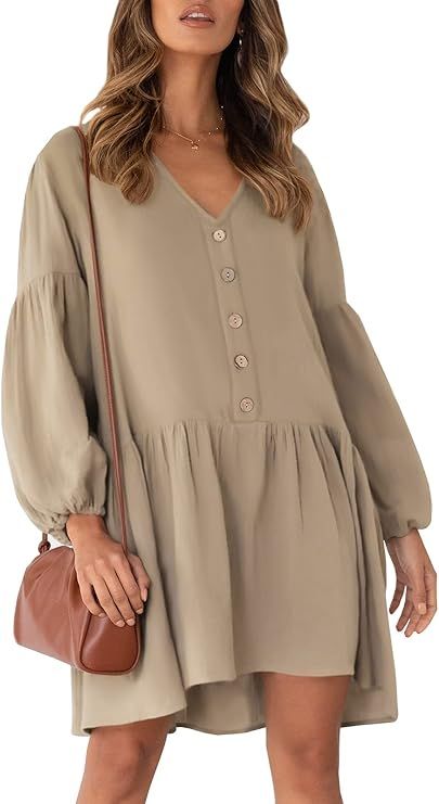 Ferlema Women's V Neck Long Sleeve Babydoll Dress Solid Color Button Front Casual Swing Tunic Dre... | Amazon (US)
