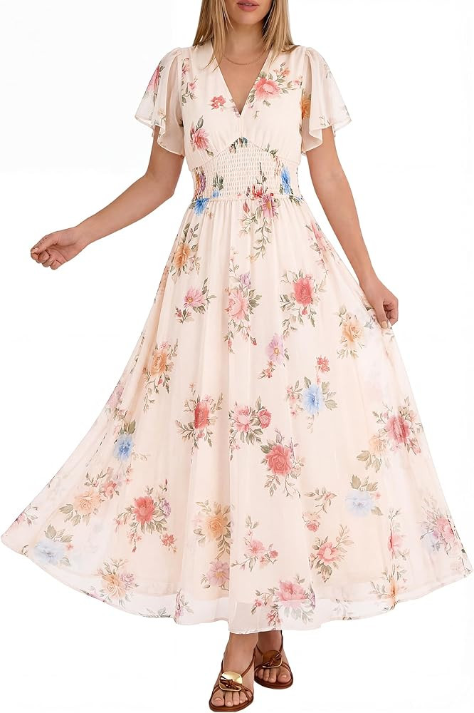 ANRABESS Women Summer Floral Maxi Dress Short Sleeve Boho Flowy Tulle Beach Vacation Wedding Gues... | Amazon (US)