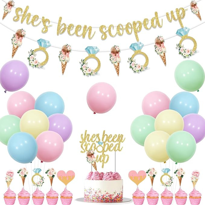 Ice Cream Bridal Shower Decorations She's Been Scooped Up Bachelorette Banner Ice Cream Floral Ga... | Amazon (US)